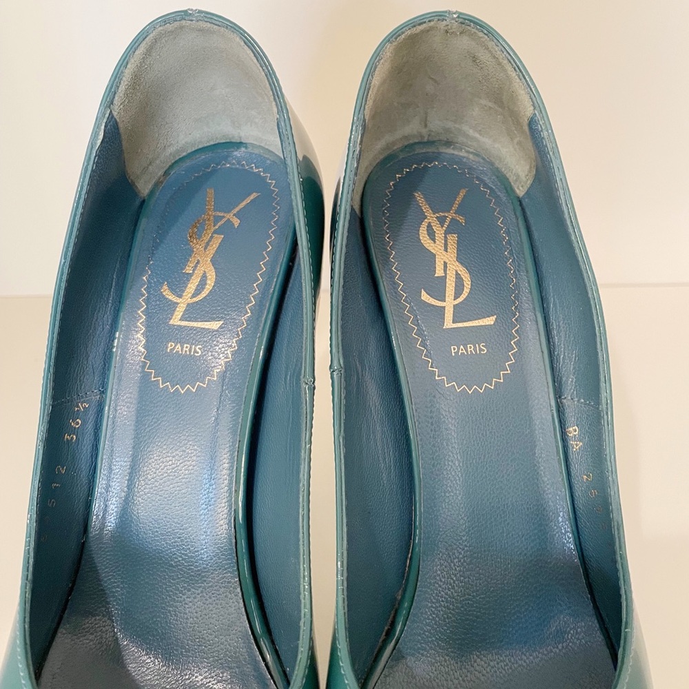Yves Saint Laurent Palais Patent Leather Peep Toe Heels Teal Blue Size 36.5 - Picture 12 of 15